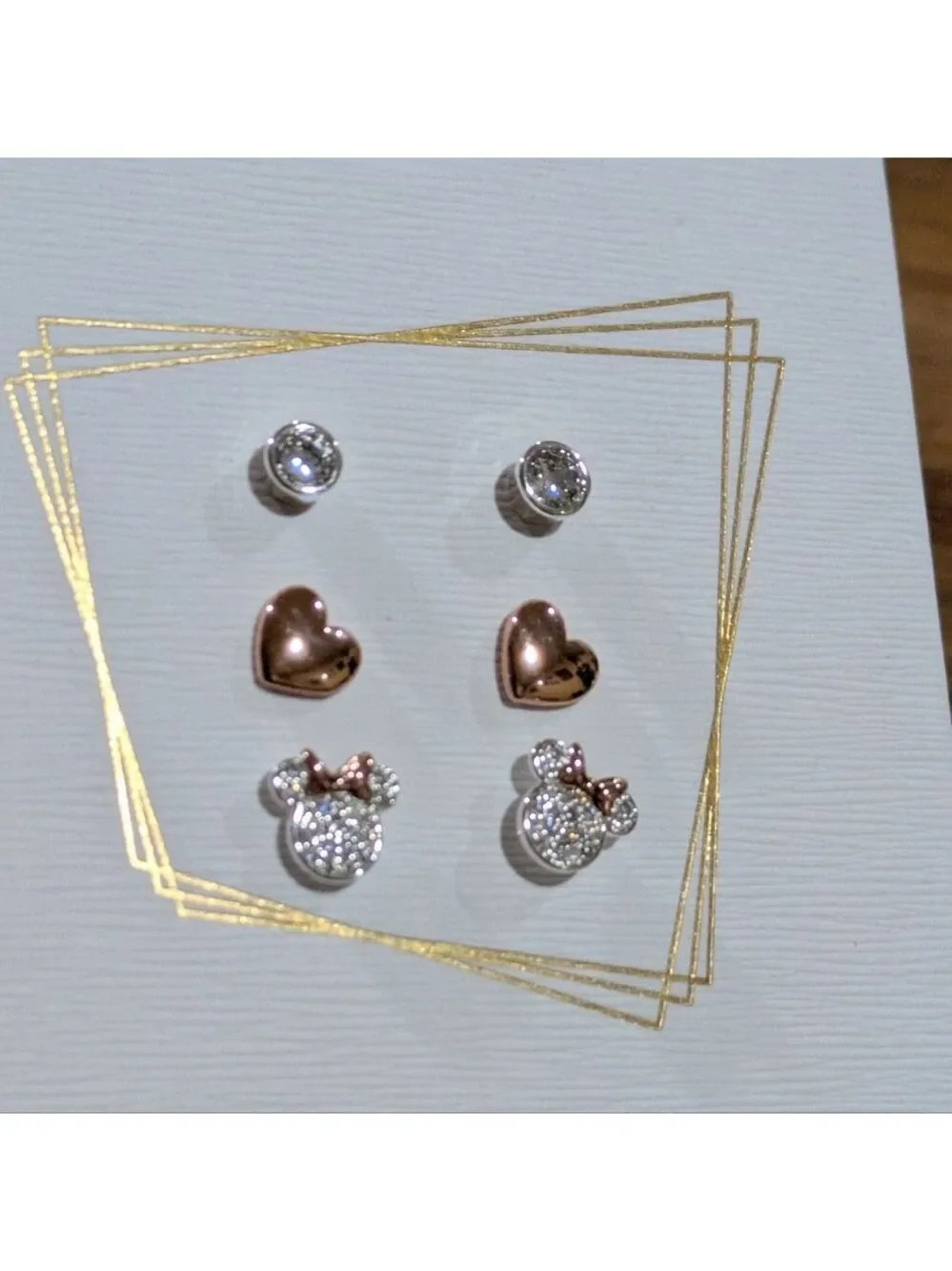 Disney Three Pair Silver Plated Two Tone Rose Gold Heart And Bezel Cubic Zirconi